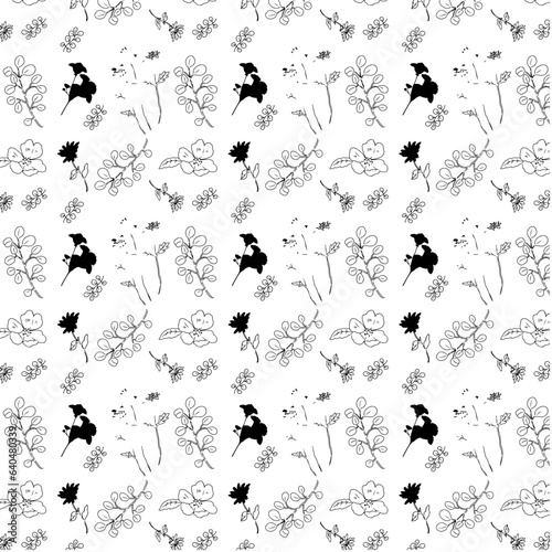 線画のお花や植物たちのシームレスパターン