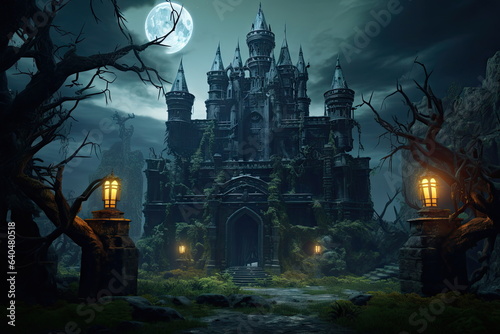 Halloween with pumpkin lantern  forest background  castle