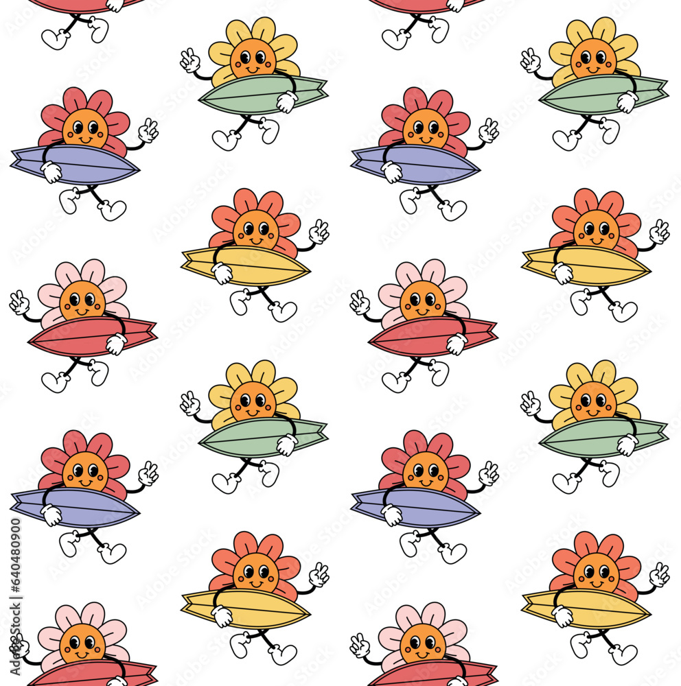 Vector seamless pattern of different color retro groovy cartoon flower with surf board isolated on white background