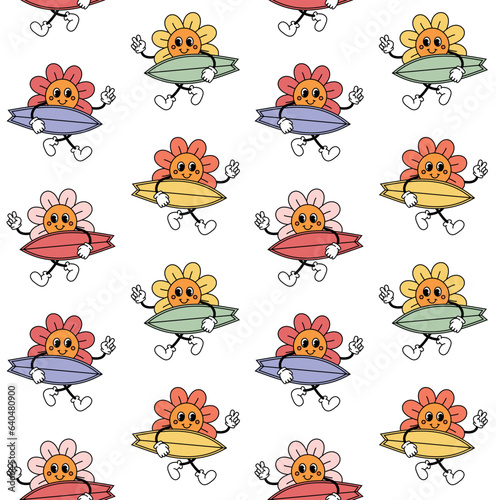 Vector seamless pattern of different color retro groovy cartoon flower with surf board isolated on white background