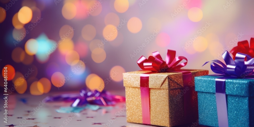 Christmas gifts boxes. Merry Christmas and Happy New Year. Festive bright beautiful background.