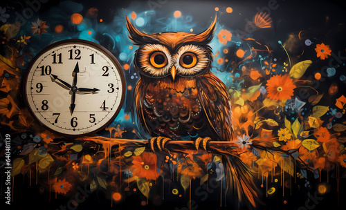 Father time as conceived of as an owl  guarding a confusing clock with flowres