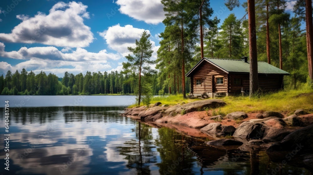 Obraz premium Summer Cabin by the Lake in the Woods