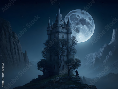 magical castle with a moon in the background at night