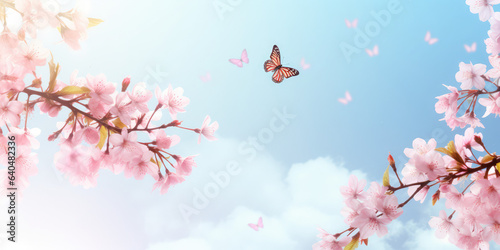 Spring banner, branches of blossoming cherry and blue sky © Kien