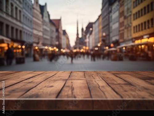 Empty wooden table with copy space, blurred bokeh city background. Generative AI © Natee Meepian