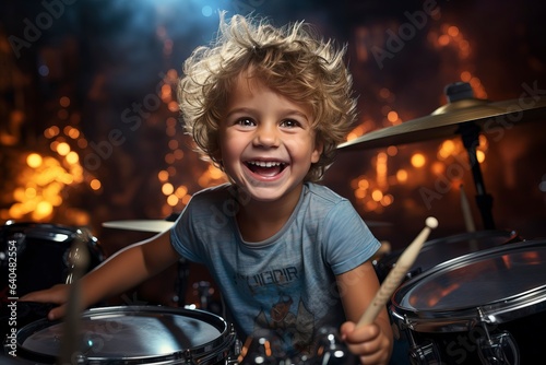 Young boy passionately playing the drums, expressing his musical talent and creativity during drum lessons. 'generative AI'