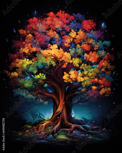 tree in the night with rainbow