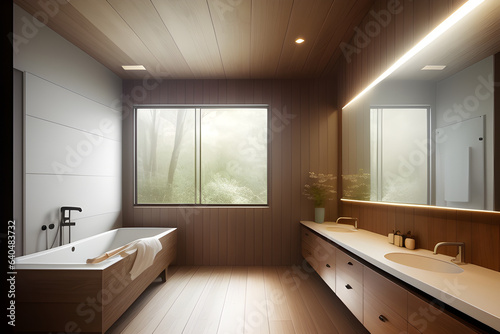 modern bathroom interior with wooden decor in eco style