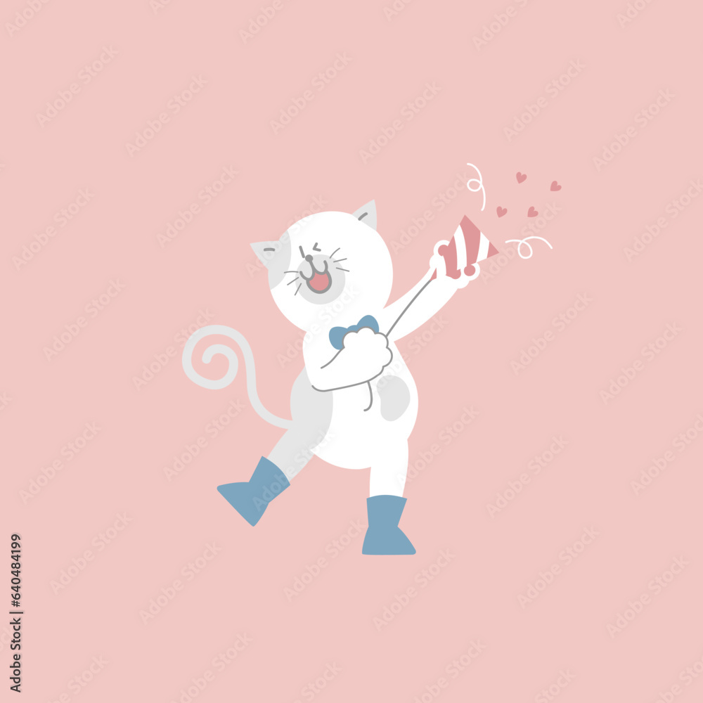 cute and lovely white cat with party popper, firecracker and confetti, happy valentine's day, love concept, flat vector illustration cartoon character costume design cute and lovely white cat with party popper, firecracker and confetti, happy valentine's day, love concept, flat vector illustration cartoon character costume design