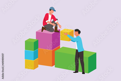 Concept of co working, business partnership, analytics or teamwork. Colleagues work together with geometrical shapes. Colored flat vector illustration isolated. 