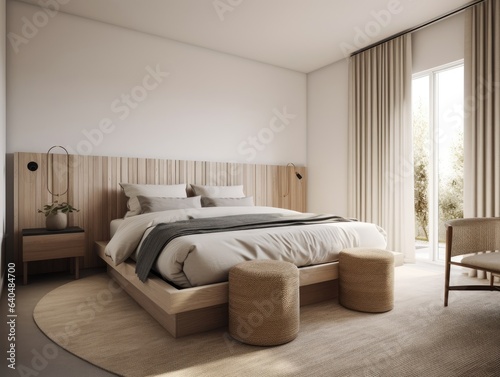 Bright beige wooden bedroom, minimal modern style. Generative AI © Natee Meepian