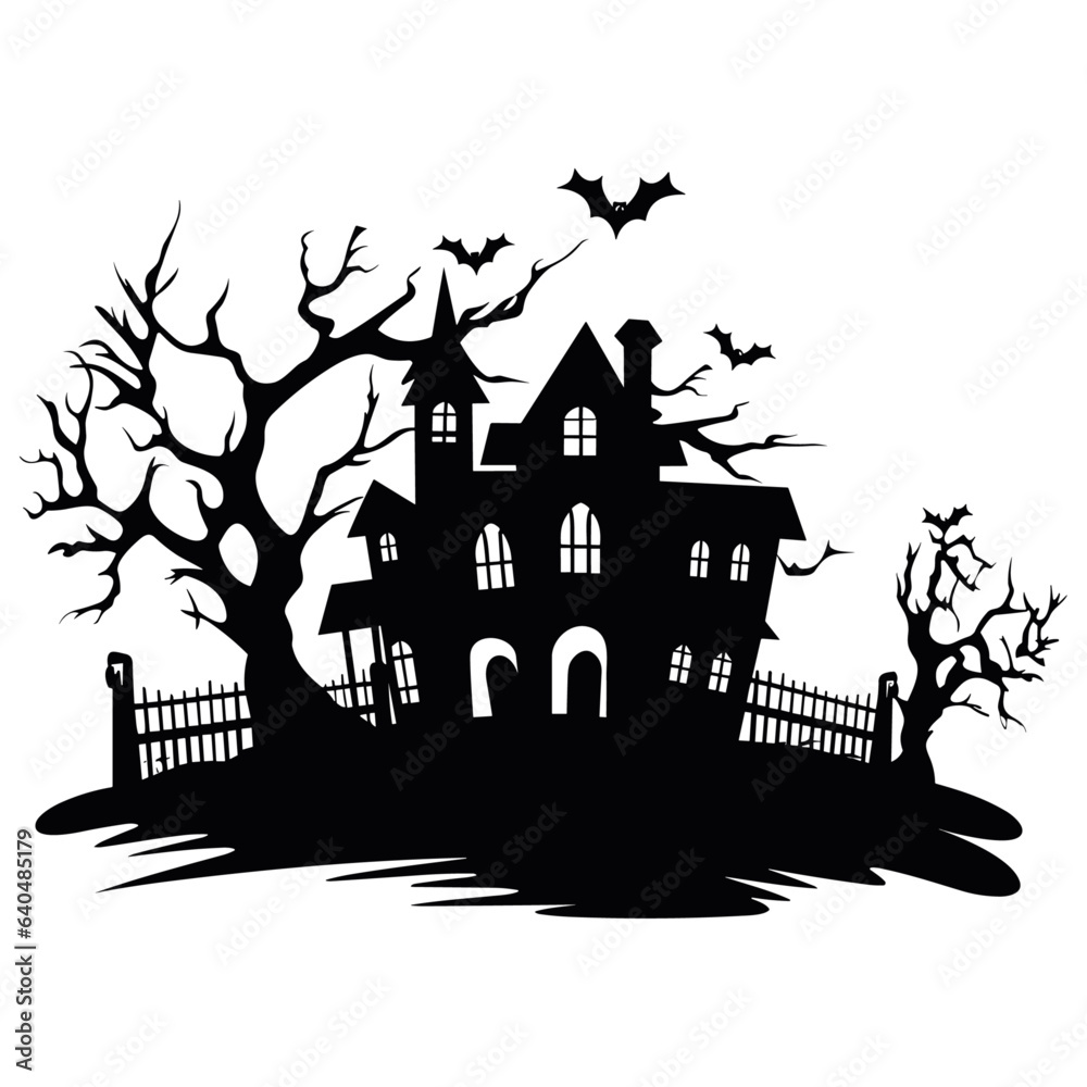 Haunted old house for Halloween. Vector silhouette of scary old house