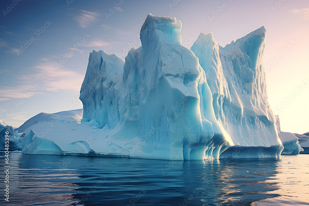 Antarctic landscape with icebergs and ice floes in the ocean. AI Generative - obrazy, fototapety, plakaty 