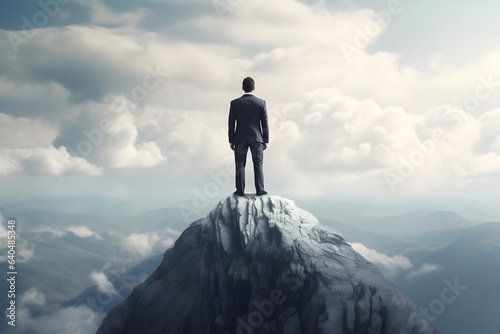 Businessman standing on top of the mountain and looking to the future. AI Generative © narokzaad