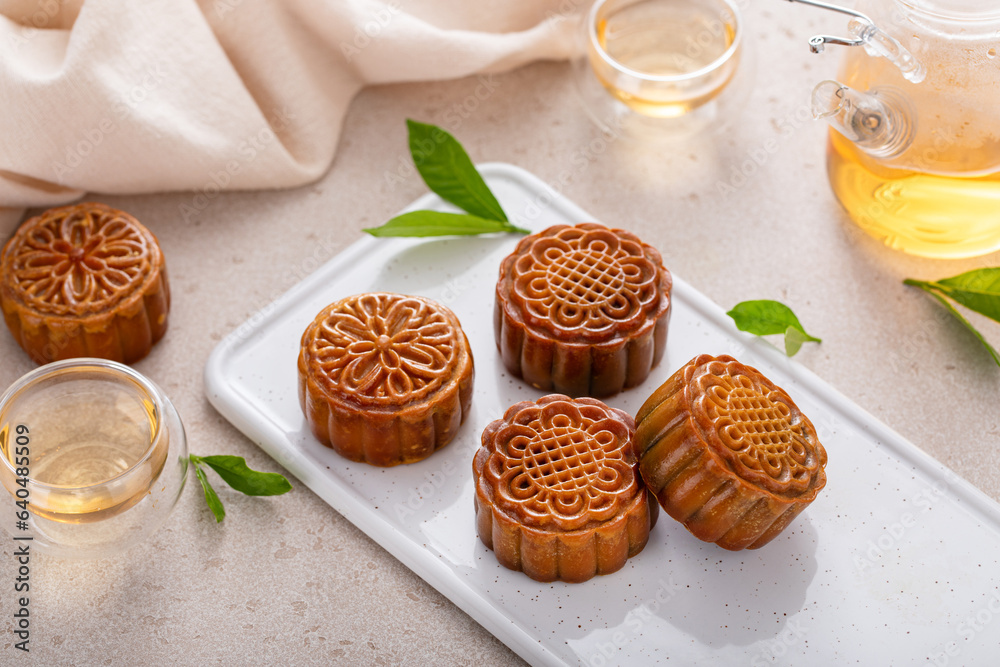 Traditional Chinese mooncakes for mid autumn festival with egg yolk and ...