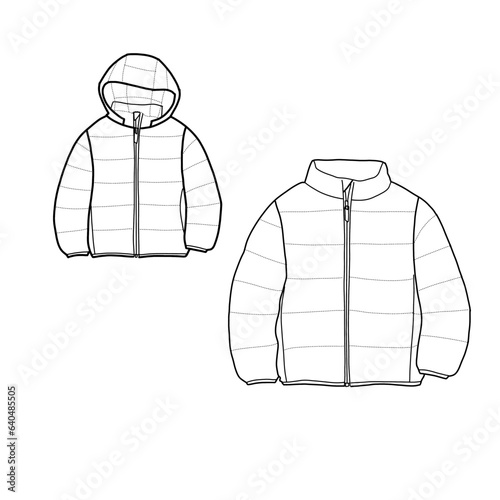 Unisex winter jacket padding for kids. Hooded crop puffer, jacket technical fashion vector illustration.