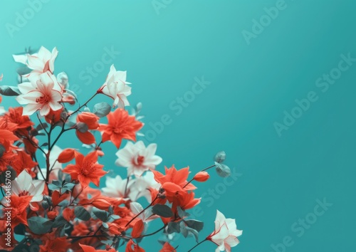 Red and white flowers on a blue and pale pink white background gradient. Negative space Graphic resource background for design work