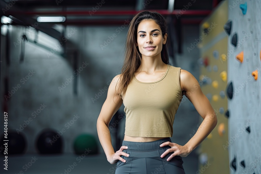 Gorgeous Latin woman in climbing gym, smiling at camera. Photo generative AI