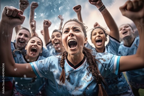 Female soccer team's celebration. Photo generative AI © pixardi