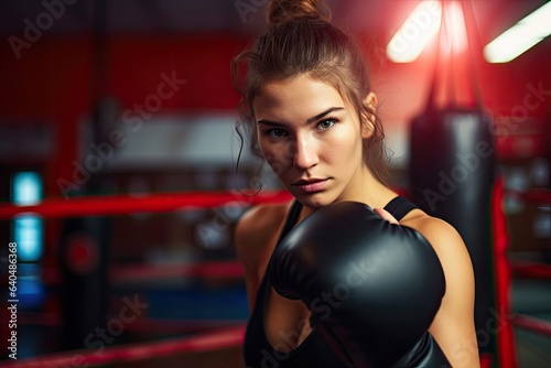 Sporty young woman training with a punching bag at the gym. Photo generative AI