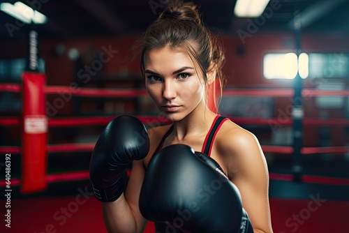 Sporty young woman training with a punching bag at the gym. Photo generative AI © pixardi