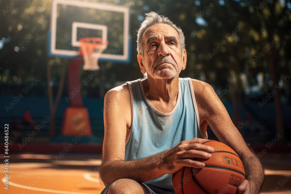 Elderly man playing basketball. Photo generative AI Stock Illustration
