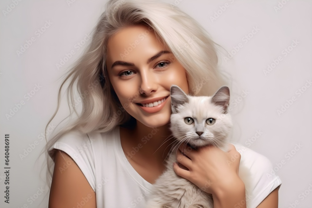 女性と愛猫　白背景