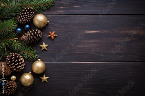 Christmas and New Year background with fir branches, red and golden baubles, pine cones and berries. Top view with copy space