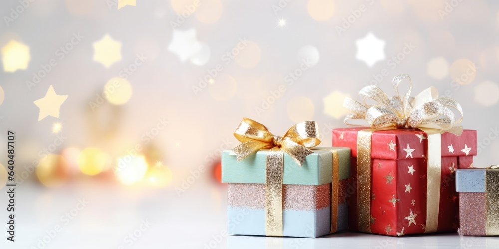 Christmas gift box. Colorful multicolored gift boxes. Merry Christmas and Happy New Year. Festive bright beautiful background.