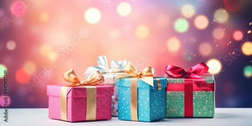 Christmas gift box. Colorful multicolored gift boxes. Merry Christmas and Happy New Year. Festive bright beautiful background.