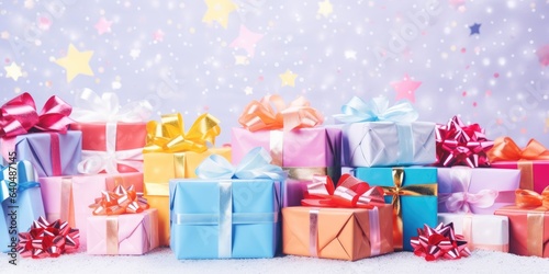 Christmas gift box. Colorful multicolored gift boxes. Merry Christmas and Happy New Year. Festive bright beautiful background.