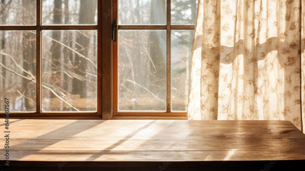 Fototapeta premium Wooden table in front of a window with a curtain and view of the forest. High quality photo