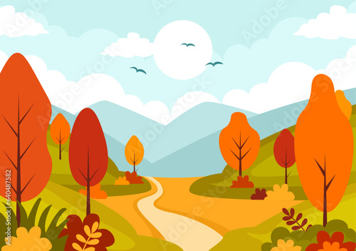 Autumn Landscape Background Vector Illustration with Mountains  Fields  Trees and Fall Leaves in Flat Cartoon Natural Season Panorama Templates