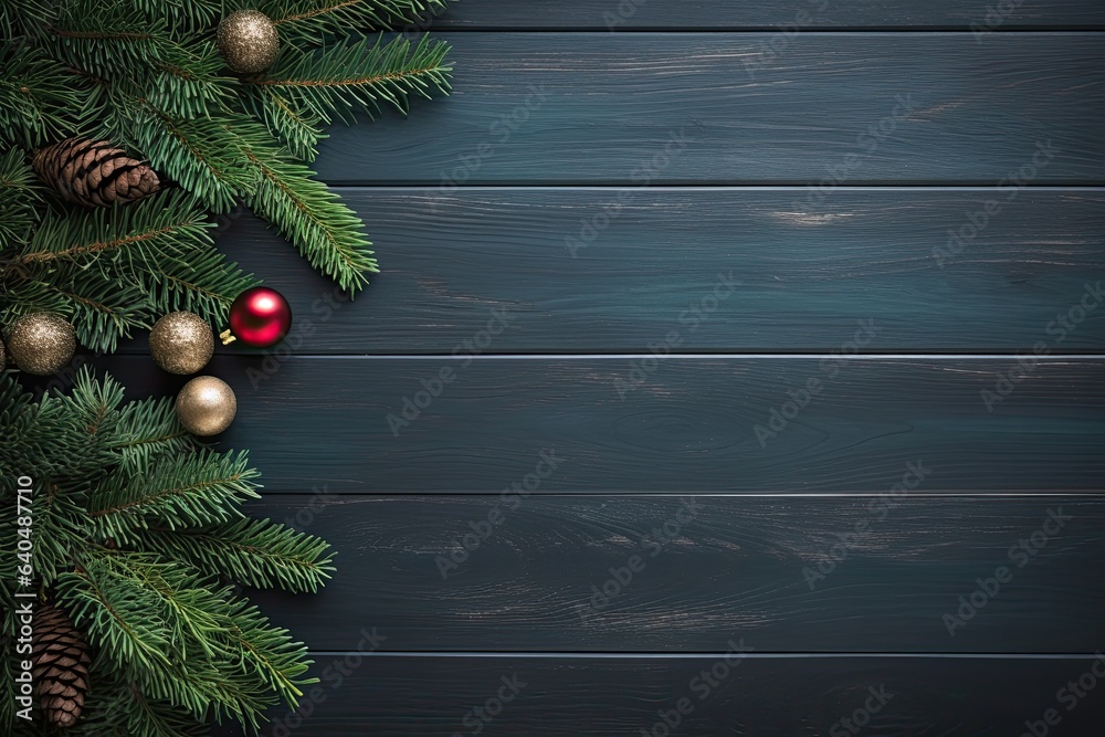 Christmas and New Year background with fir branches, red and golden baubles, pine cones and berries. Top view with copy space Christmas and New Year background with fir branches, red and golden baubles, pine cones and berries. Top view with copy space