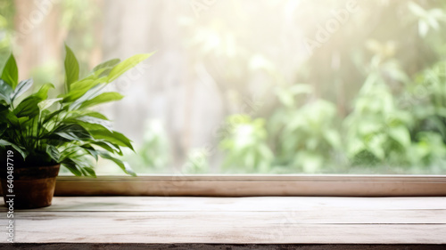 Wooden table top with green plant in pot on window sill blurred background. High quality photo