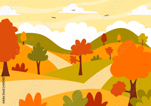 Autumn Landscape Background Vector Illustration with Mountains  Fields  Trees and Fall Leaves in Flat Cartoon Natural Season Panorama Templates