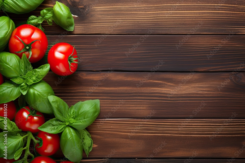Fresh tomatoes and basil on a wooden table. Top view with copy space Fresh tomatoes and basil on a wooden table. Top view with copy space