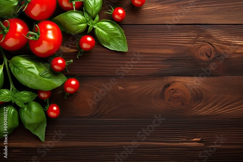 Fresh tomatoes and basil on a wooden table. Top view with copy space