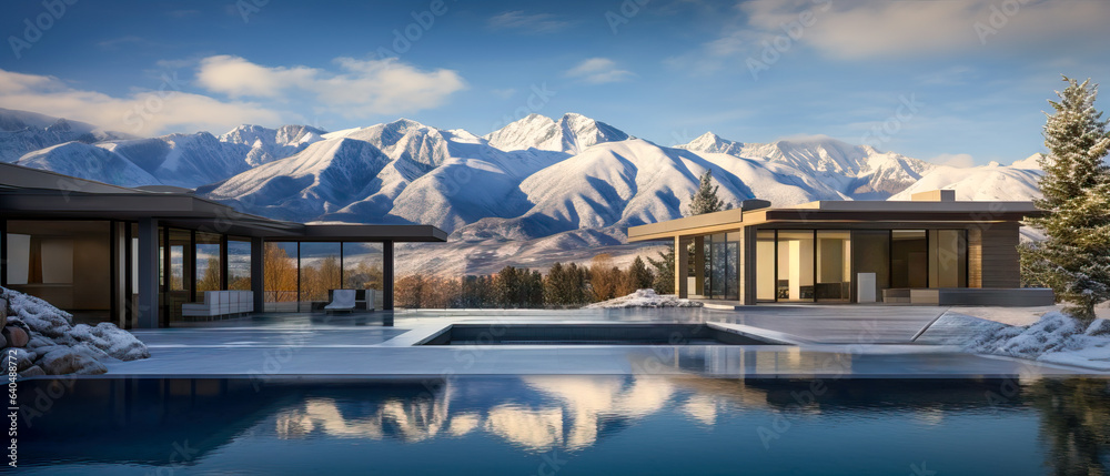A modern architecture house with a large pool close to the mountains. The alpine snow is perfect for a winter vacation A modern architecture house with a large pool close to the mountains. The alpine snow is perfect for a winter vacation