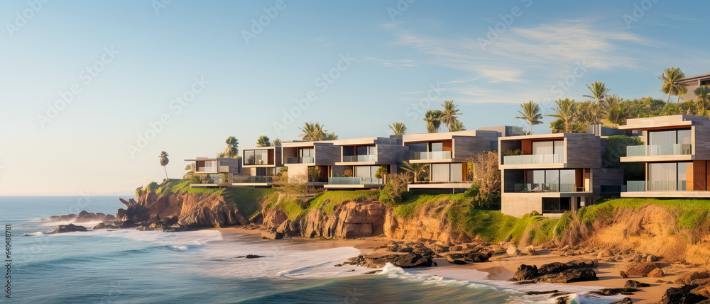 Illustration of a row row of luxury hotel resort rooms that sit on top of a cliff overlooking the ocean. A perfect summer vacation spot to relax and enjoy nature.