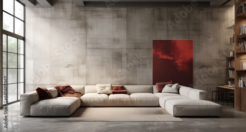An open floor plan in industrial apartment with leather ottomans and sofas, in the style of densely textured or haptic surface, light silver and light red, narrative paneling, neo - concrete, tabletop photo