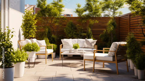 A mockup of a back patio with a light gray concrete patio  white furniture  and green plants.