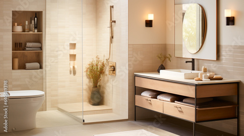 A mockup design of a bathroom with neutral-colored tiles  vanity  and fixtures. Modern beautiful bathroom interior design.
