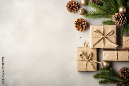 Light brown and gold rustic Christmas Flat Lay mockup background product photography with presents, pine cones, christmas balls © Mockup Lab
