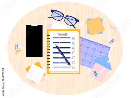 Teenager desktop top view. Flat vector illustration. Top view of wooden table. Workplace background. photo