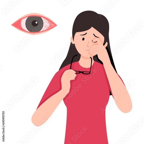 A woman in red shirt have eye pain. Because the dust or particulate move in her eye into pain.