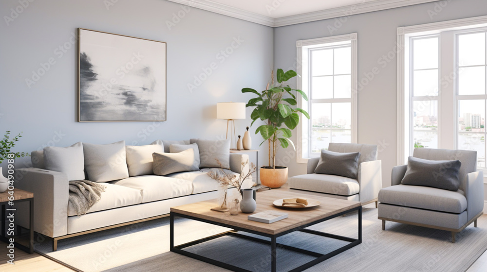A mockup design of a living room with light gray walls, white furniture, and black accents. A mockup design of a living room with light gray walls, white furniture, and black accents.