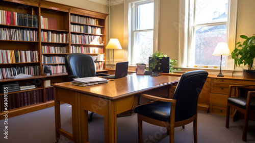 An interior of an office with dark brown desk, black chair, and white bookshelves.