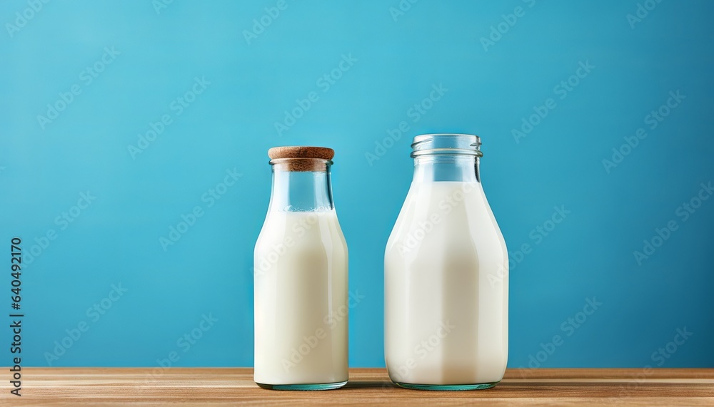A bottle of milk and glass on a wooden table